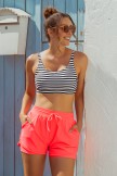 Stripes Square Neck Adjustable Straps Sporty Bikini Top And Red HighWaist Boy Shorts