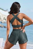 Deep Green Stripe Scoop Neck Sporty Bikini Top With HighWaisted Boy Shorts Set