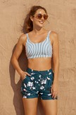 Stripes Square Neck Wide Straps Sporty Bikini Top And Floral HighWaist Boy Shorts