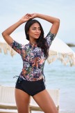 Colorful Leaf High Neck Sleeves Zipper Back Side Drawstring Tankini Top And Ruching Bottom