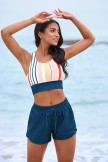 Colorful Stripe Colorblock Scoop Neck Sporty Bikini Top And HighWaist Boy Shorts
