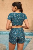 Blue Floral Bikini Top with Sleeve And HighWaist Boy Shorts Set