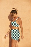Light Green Lattice Square Neck Wide Straps Sporty Bikini Top And HighWaist Boy Shorts Set