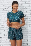 Blue Floral Bikini Top with Sleeve And HighWaist Boy Shorts Set