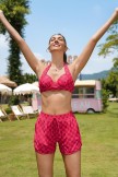 Red Halter Strap Checkered Bikini Top and Boy Short Set
