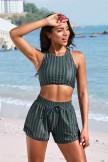 Deep Green Stripe Scoop Neck Sporty Bikini Top With HighWaisted Boy Shorts Set