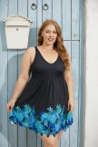 Blue Floral Border Scallop Hem V Neck Adjustable Straps Swimdress