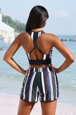 Colorblock Stripe VNeck Sporty Bikini Top And HighWaist Boy Shorts