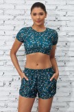 Blue Floral Bikini Top with Sleeve And HighWaist Boy Shorts Set
