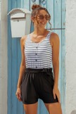 Striped Scoop Neck Button Belt OnePiece Swimsuit