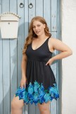 Blue Floral Border Scallop Hem V Neck Adjustable Straps Swimdress
