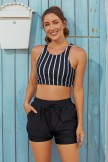 Striped Scoop Neck Wide Straps Cross Back Sporty Bikini Top And HighWaist Boy Shorts