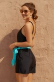 Solid Black Square Neck Wide Straps Belt OnePiece Swimsuit