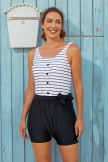 Striped Scoop Neck Button Belt OnePiece Swimsuit