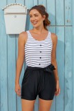 Striped Scoop Neck Button Belt OnePiece Swimsuit