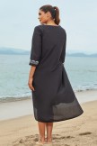 Black Floral Scoop Neck Long Sleeves Beach Dress