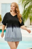 Black TieDye V Neck Half Sleeve Drawstring Cover Up