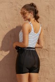 Striped Scoop Neck Button Belt OnePiece Swimsuit