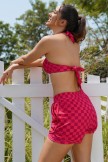 Red Halter Strap Checkered Bikini Top and Boy Short Set
