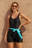 Solid Black Square Neck Wide Straps Belt OnePiece Swimsuit