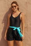 Solid Black Square Neck Wide Straps Belt OnePiece Swimsuit