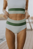OliveDrab Striped Scoop Neck Racerback HighWaisted Bikini Set