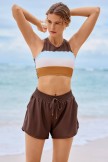 Brown ColorBlock High Neck Minimalist Active Bikini Top and Boy Short Set