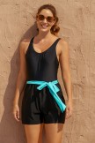Solid Black Square Neck Wide Straps Belt OnePiece Swimsuit
