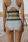 OliveDrab Striped Scoop Neck Racerback HighWaisted Bikini Set
