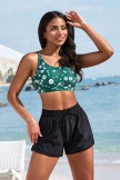 Green Floral Scoop Neck Adjustable Strap  Bikini Top And HighWaist Boy Shorts Set