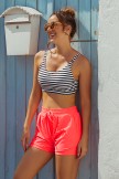 Stripes Square Neck Adjustable Straps Sporty Bikini Top And Red HighWaist Boy Shorts