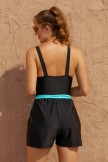 Solid Black Square Neck Wide Straps Belt OnePiece Swimsuit