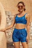 Deep Blue Floral Square Neck Adjustable Straps Sporty Bikini Top And HighWaist Boy Shorts