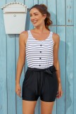 Striped Scoop Neck Button Belt OnePiece Swimsuit