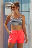 Stripes Square Neck Adjustable Straps Sporty Bikini Top And Red HighWaist Boy Shorts