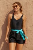 Solid Black Square Neck Wide Straps Belt OnePiece Swimsuit