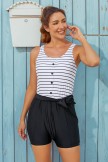 Striped Scoop Neck Button Belt OnePiece Swimsuit
