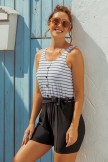 Striped Scoop Neck Button Belt OnePiece Swimsuit