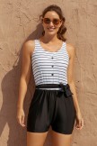 Striped Scoop Neck Button Belt OnePiece Swimsuit