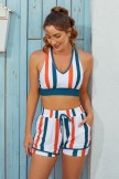Colorful  Striped Heart Neck Sporty Bikini Top And HighWaist Boy Shorts