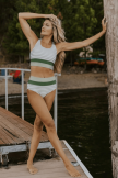 OliveDrab Striped Scoop Neck Racerback HighWaisted Bikini Set