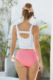 White Checked Tankini Top With Red Knotted Bottom